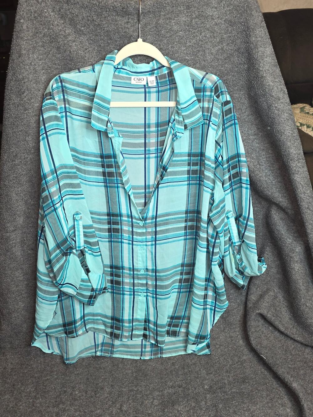 Cato Womens 26/28W Sheer Plaid Blouse Roll Tab Sleeve Aqua Teal Blue Casual